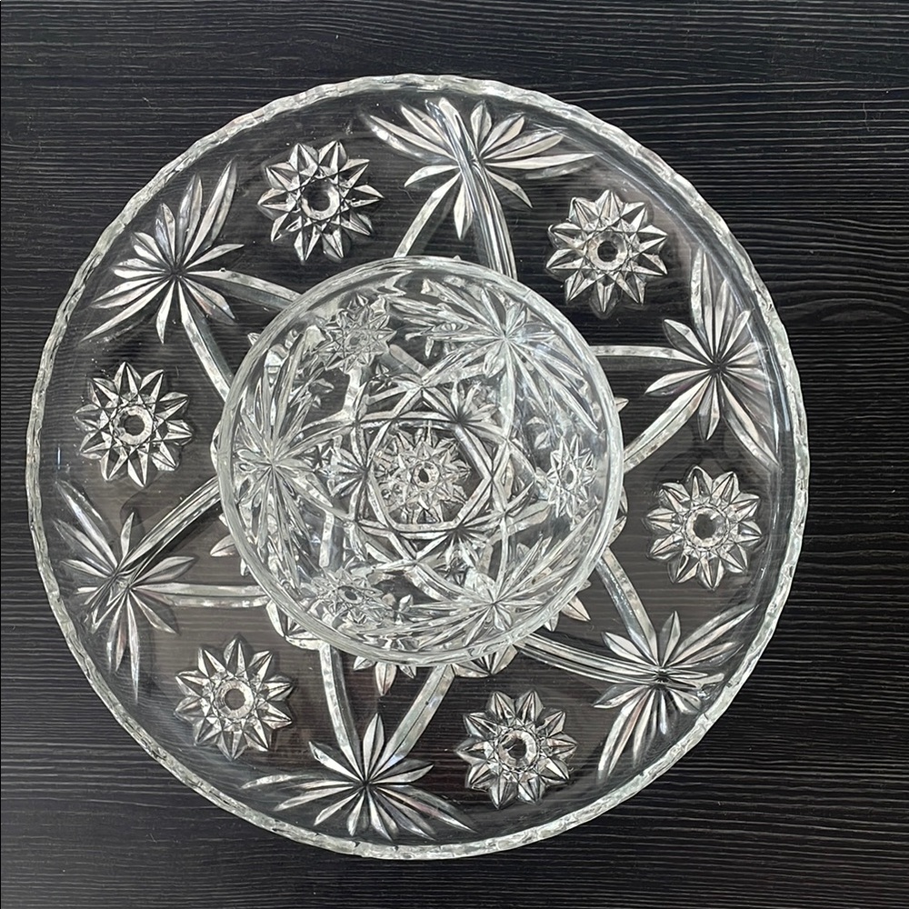 Vintage Anchor Hocking  Star of David Cut Glass Appetizer tray with bowl
